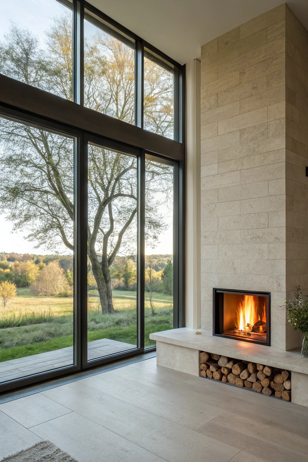 Modern fireplace beautifully framed by panoramic windows—where fire meets natural light.