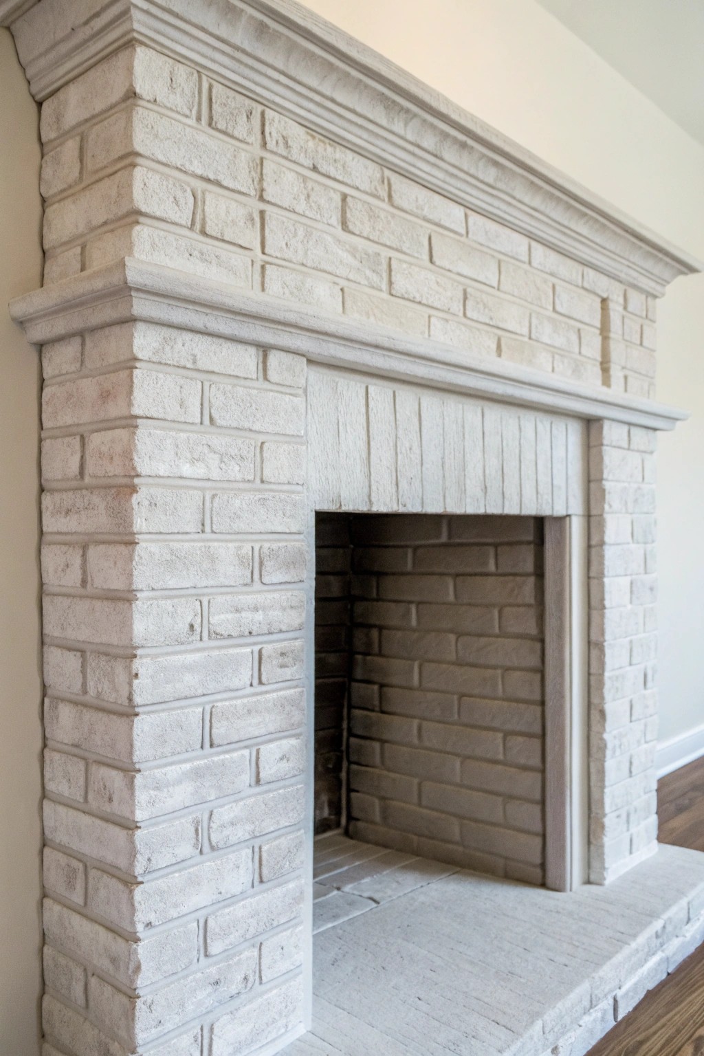 Chalk-painted brick fireplace: soft texture, vintage charm.