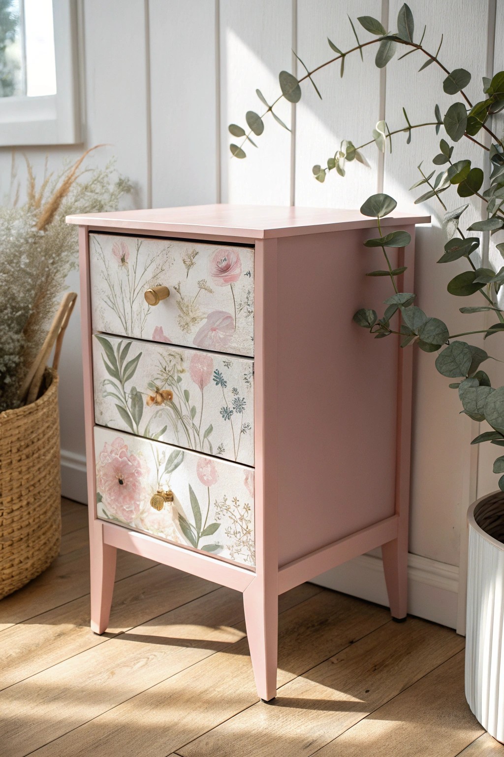 Bespoke beauty: Scandinavian minimalism meets floral decoupage in this handcrafted nightstand transformation.