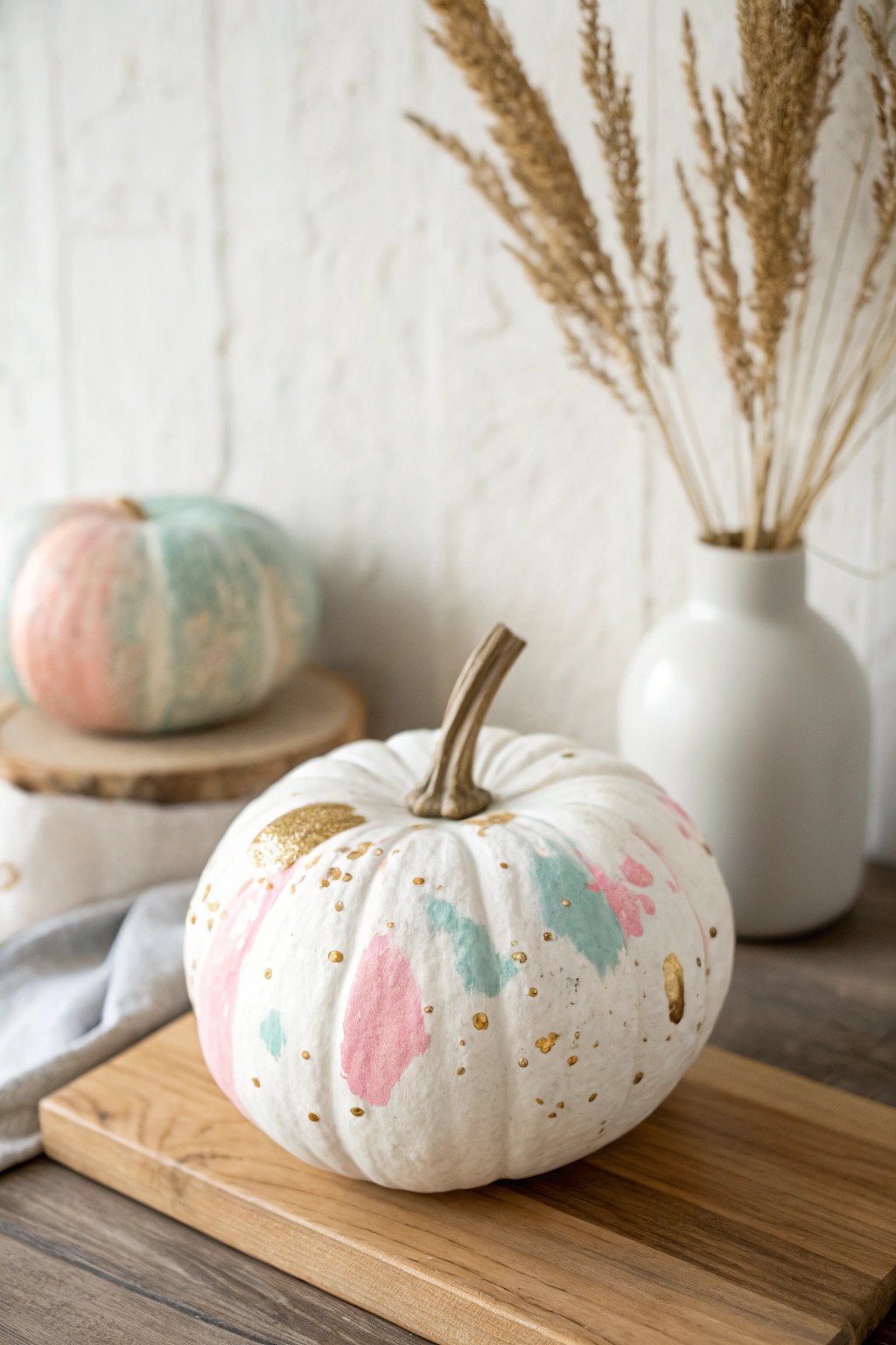 Minimalist meets boho: an abstract splatter art pumpkin for chic autumn vibes.