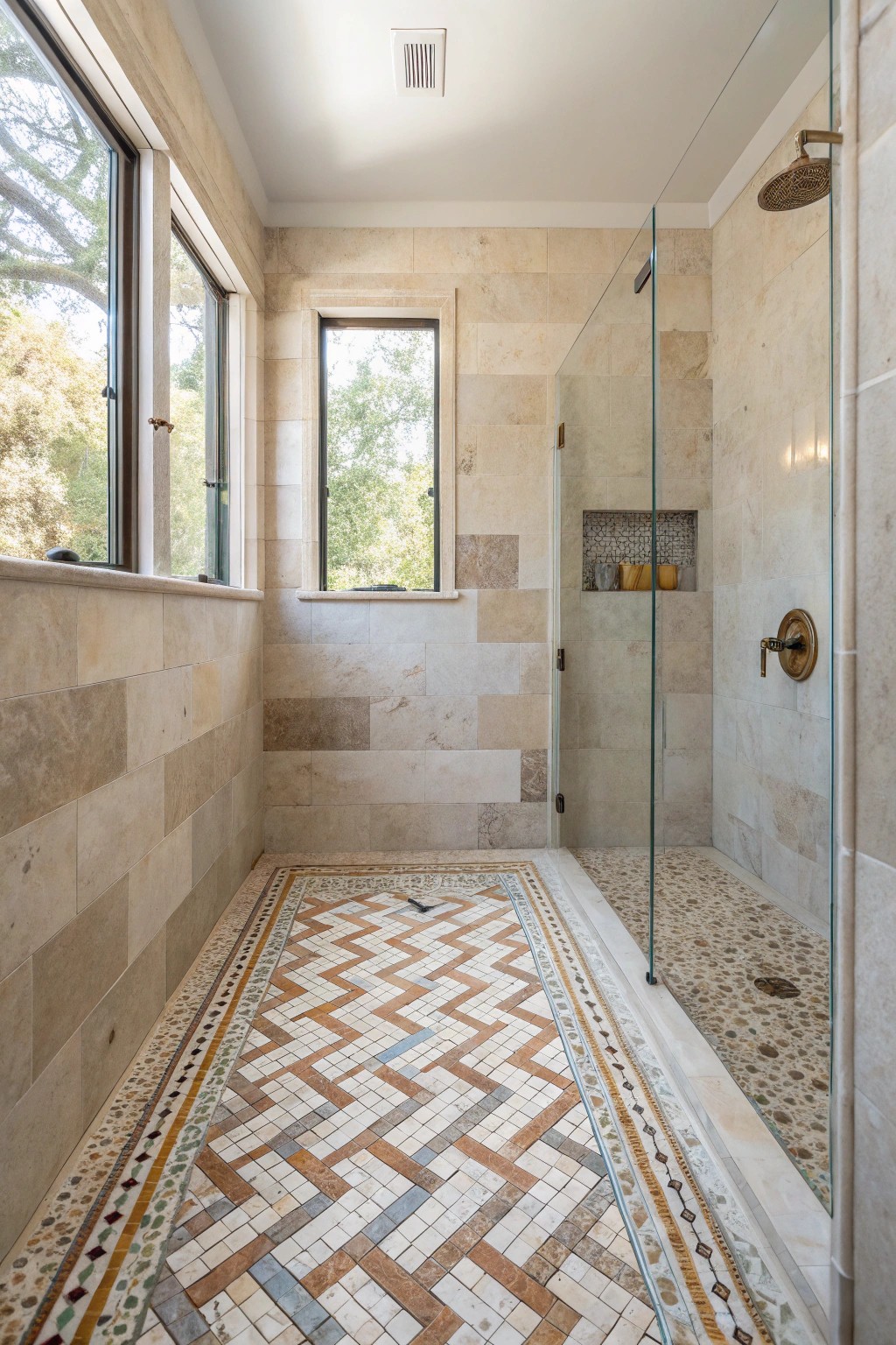 Elevate your shower with the timeless charm of a handcrafted mosaic floor.