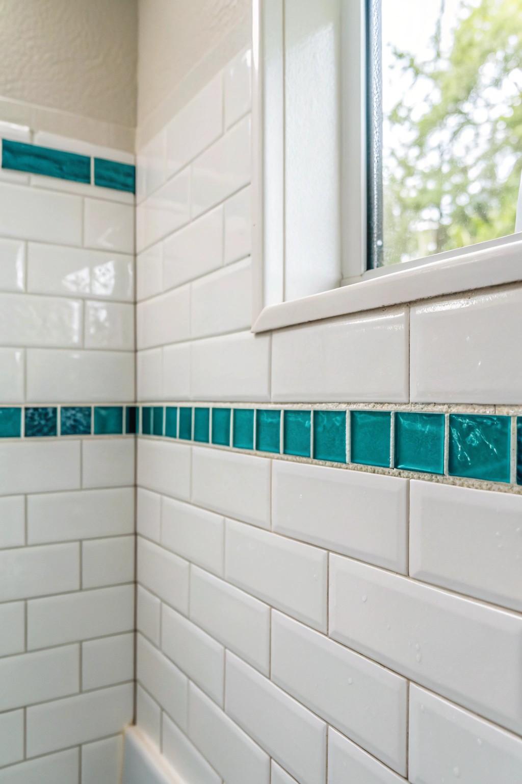Elevate your small shower with a bold row of teal accent tiles for a fresh, handcrafted touch.