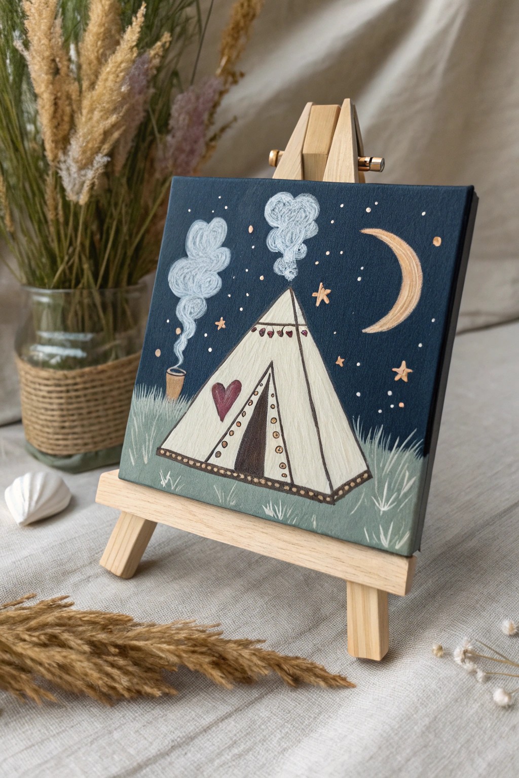 Cozy nighttime campsite—minimalist art for adventure-filled dreams.
