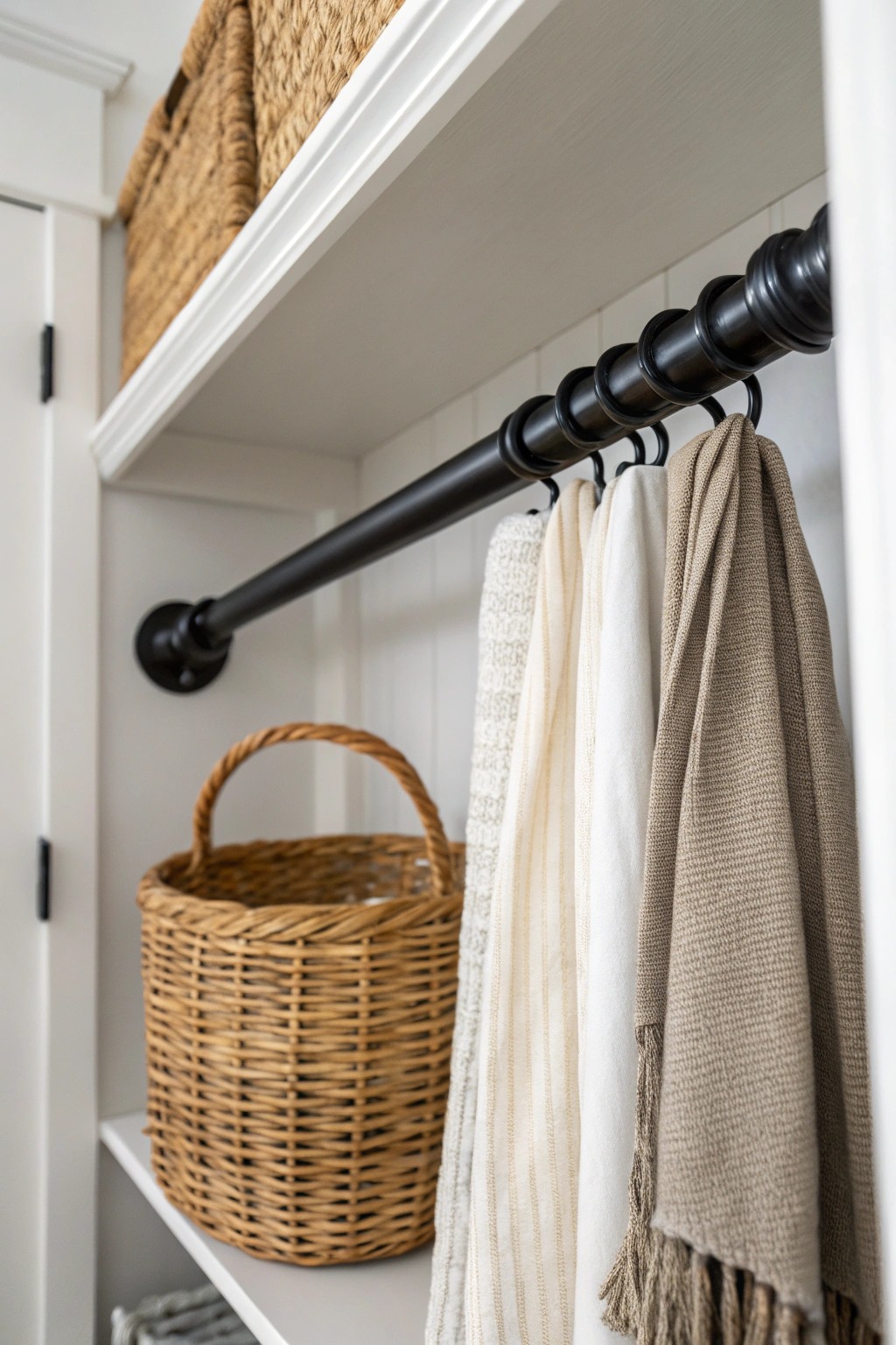 Effortless extra storage: a tension rod brings beauty and order to any small closet.