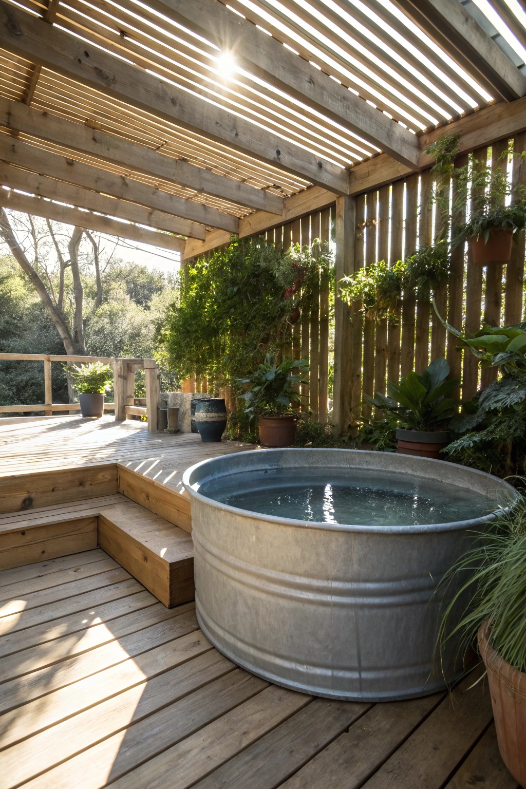 Transform your under-deck space into a serene stock tank pool retreat.