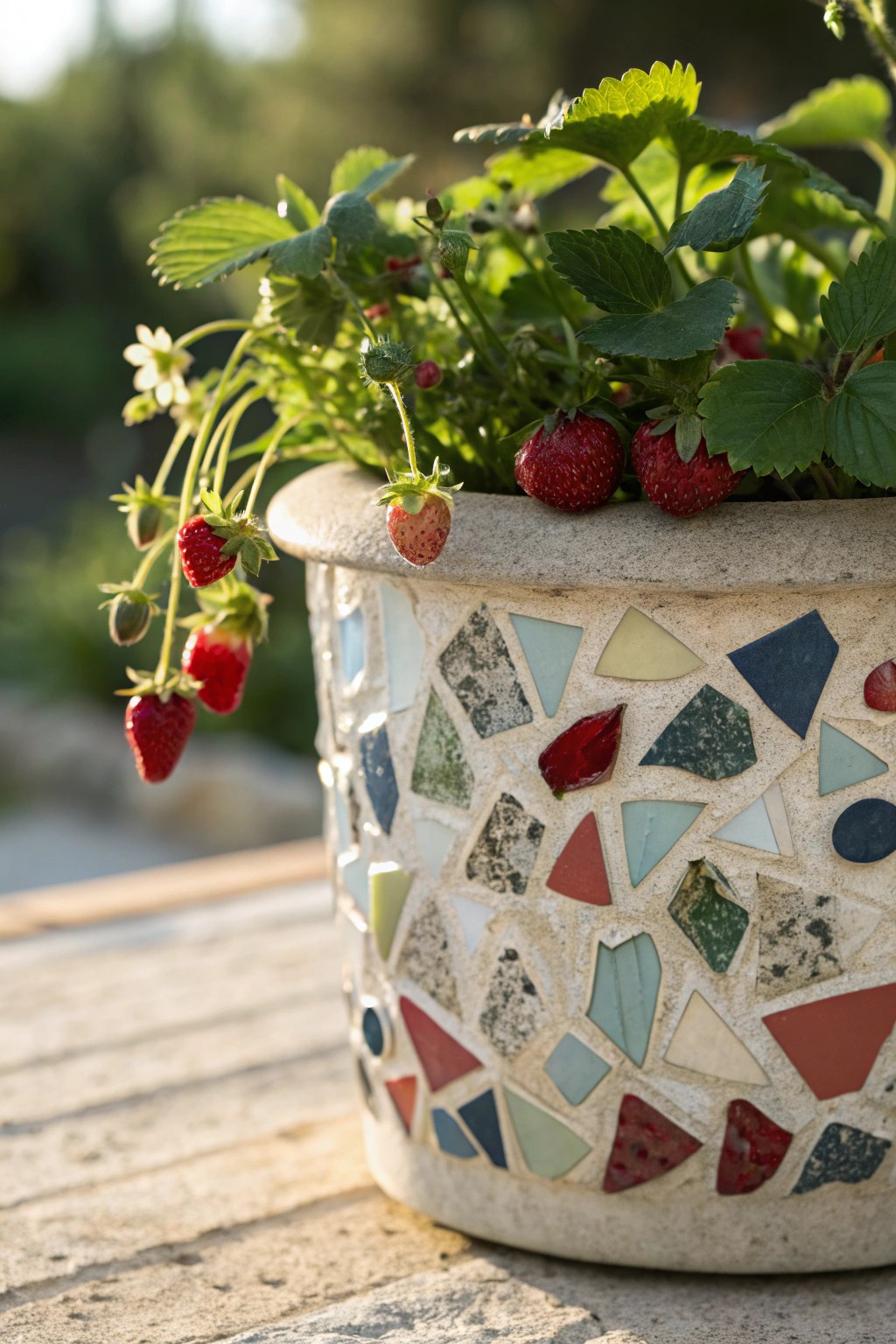 Handcrafted mosaic planter bursting with strawberries – a simple, stunning garden showpiece.