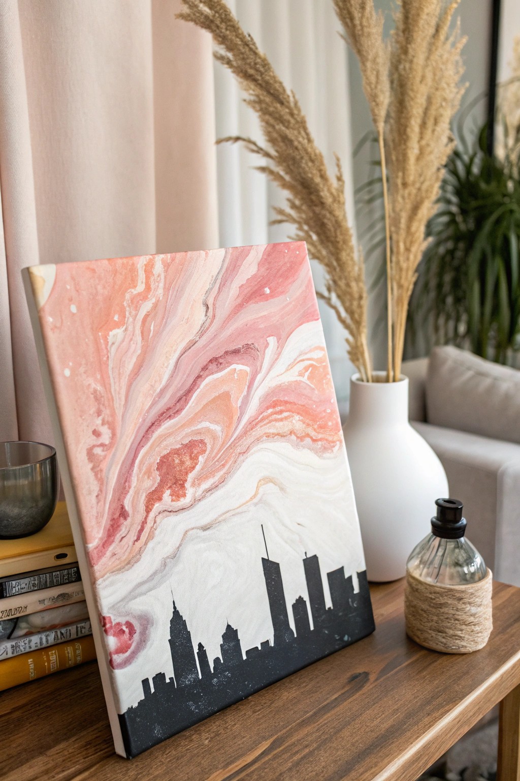 Modern city skyline meets dreamy pour—urban art for your serene space.