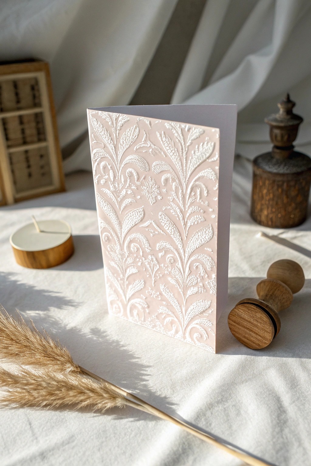 A damask-patterned card: timeless elegance meets handcrafted charm.