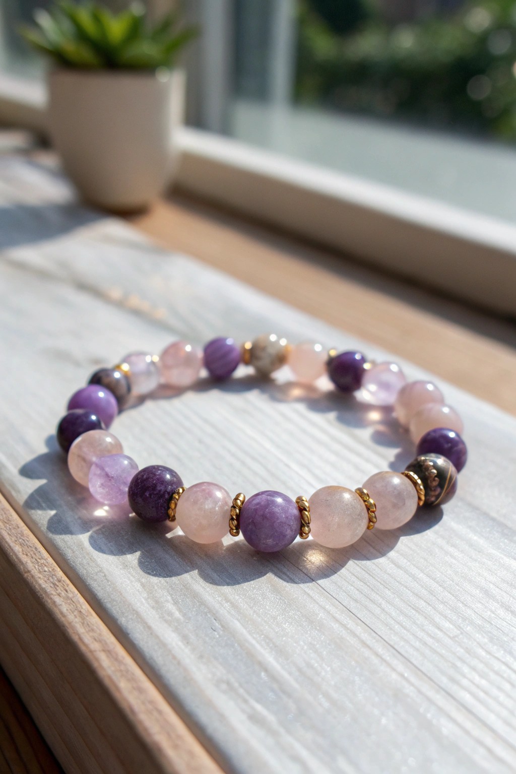 Earthy elegance: a chunky gemstone bracelet blending amethyst and rose quartz for a bold yet feminine statement.