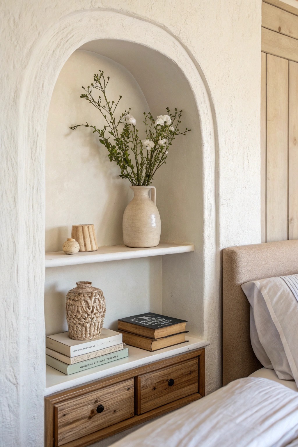 Effortless elegance: a floating wall niche nightstand blends simplicity and style.