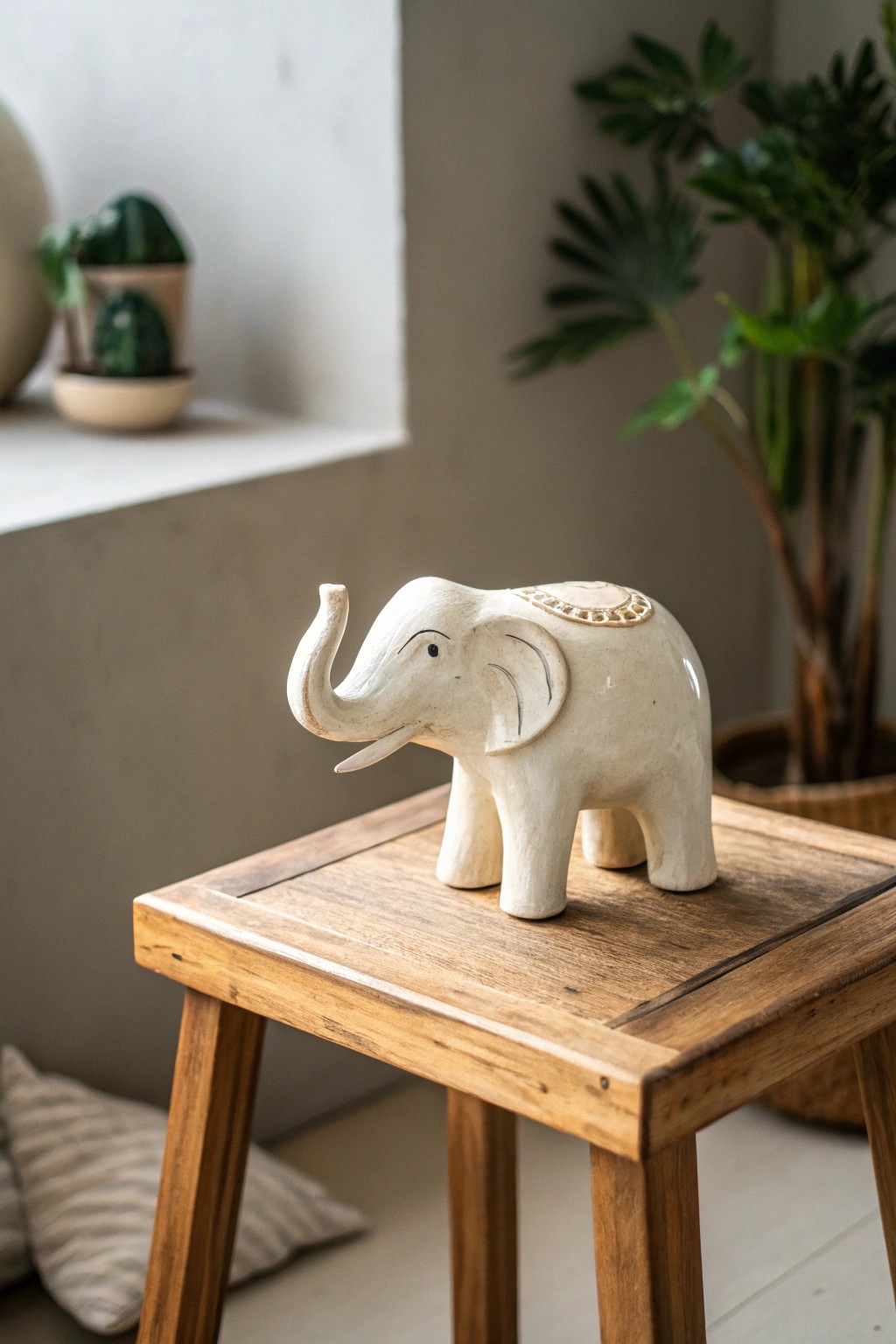 Add charm and personality with a handcrafted ceramic elephant—boho artistry at its best.