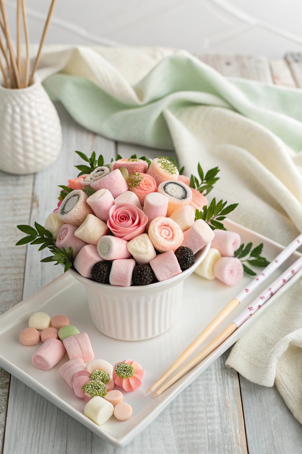 Sweet simplicity: a candy sushi bouquet that's both playful and beautifully crafted.