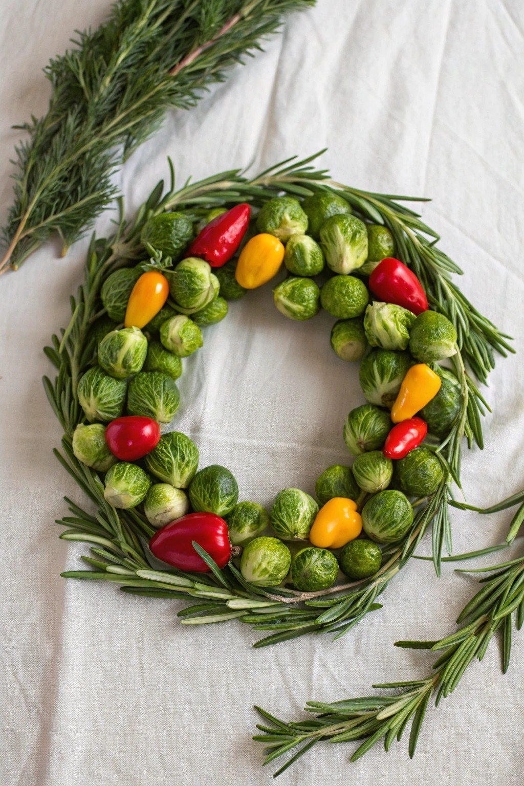 A festive and fresh edible veggie wreath—natural beauty for your holiday table.