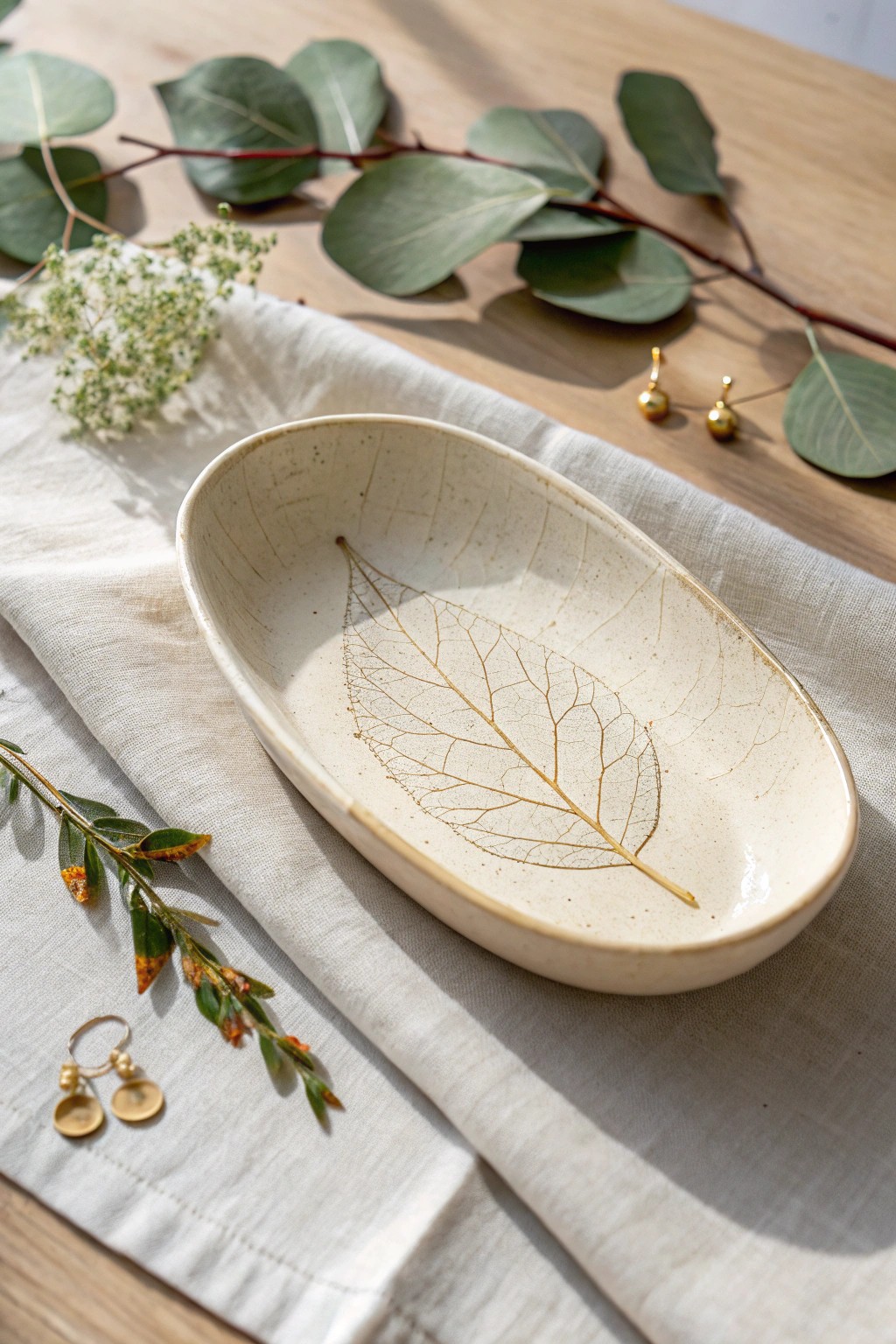 Nature’s touch: a minimalist leaf-imprint clay dish for your favorite treasures.