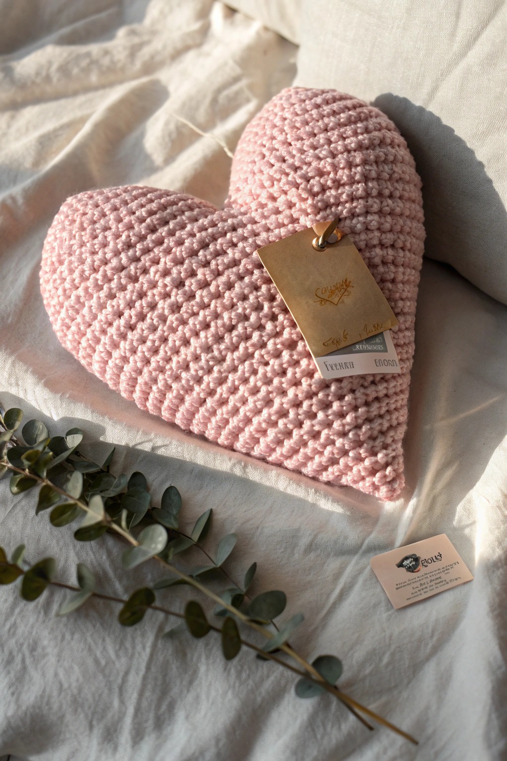 Handmade with love: a crochet heart pillow hiding a secret message.