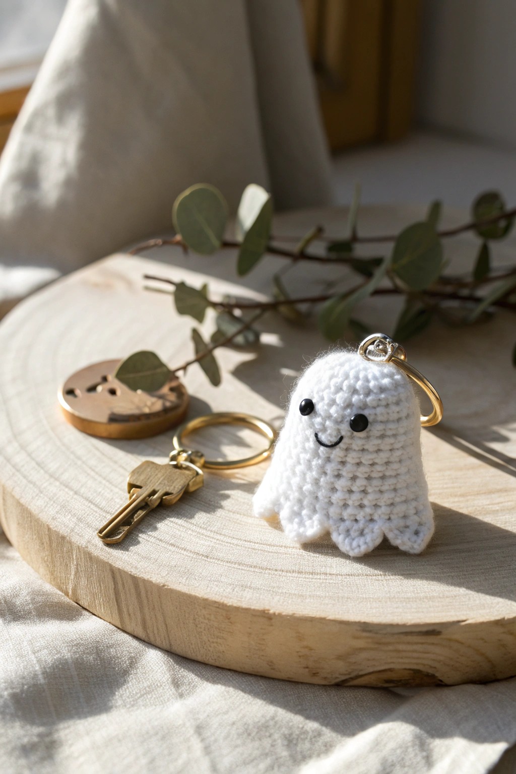 A charming crochet ghost keychain—spooky meets sweet in Scandinavian style.