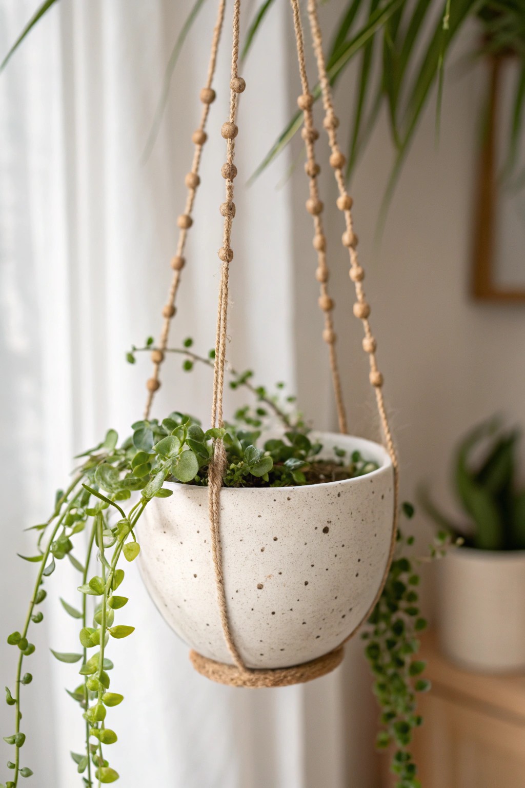 Tiny clay hanging planter: a touch of handmade beauty for your serene space.