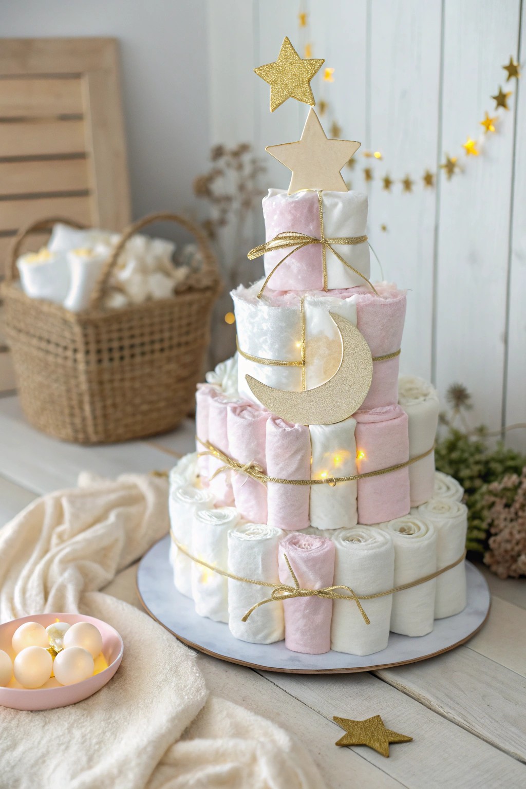 Dreamy Twinkle Star Diaper Cake: Scandinavian charm meets celestial magic.