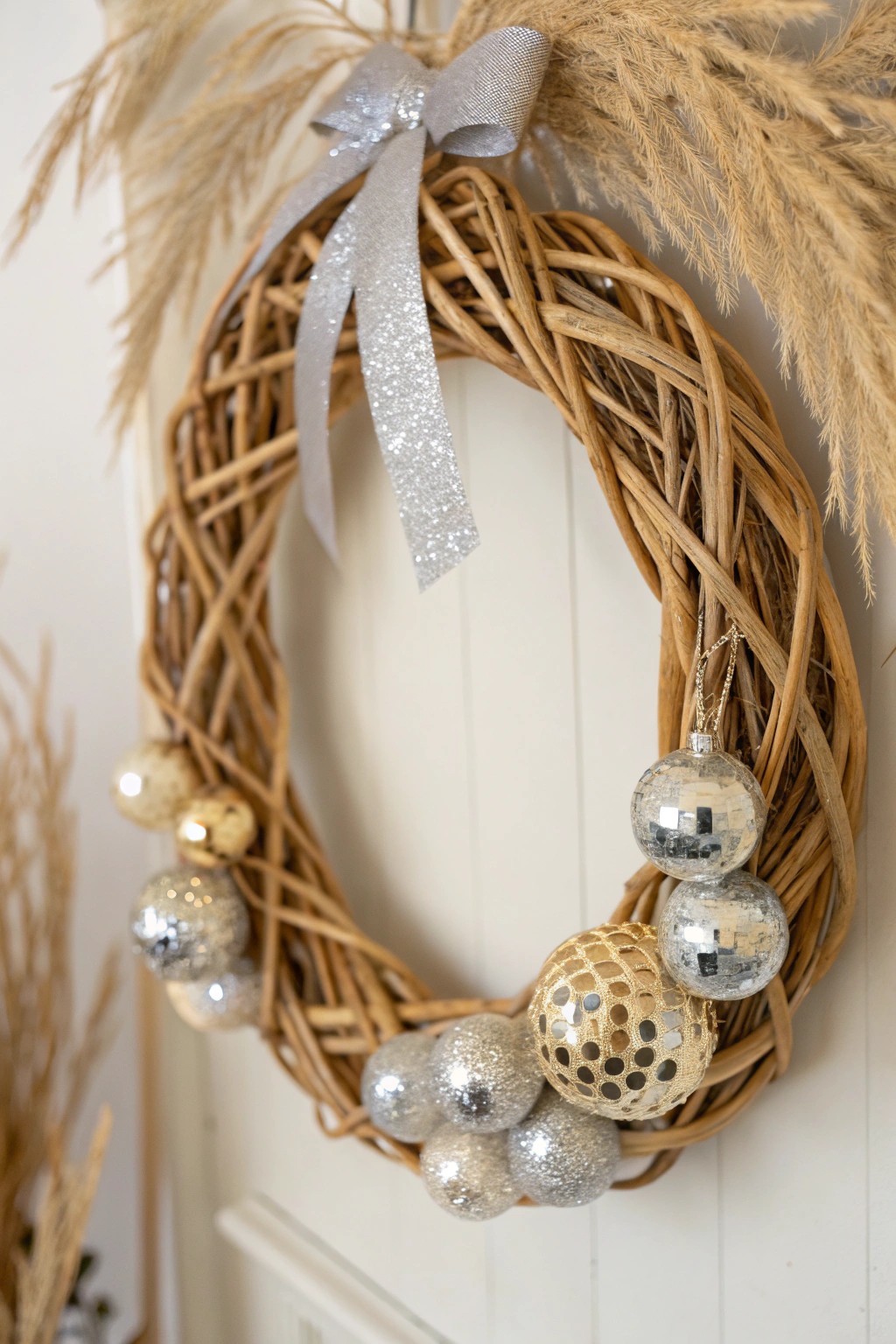 Let your party shine with a minimalist disco ball wreath—where celebration meets timeless style.