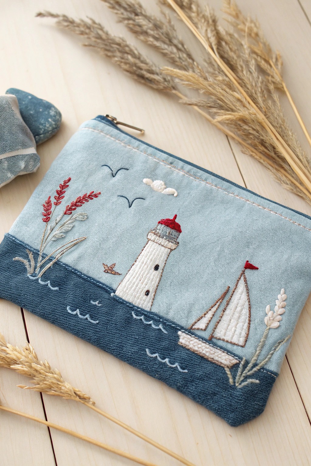 Bring nautical dreams to life with this handcrafted embroidered pouch—Scandi-boho charm for your everyday style.