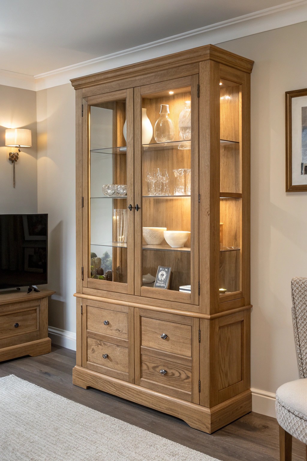 Illuminate your treasures: A glass-front cabinet brings elegance and artistry to your entertainment center.