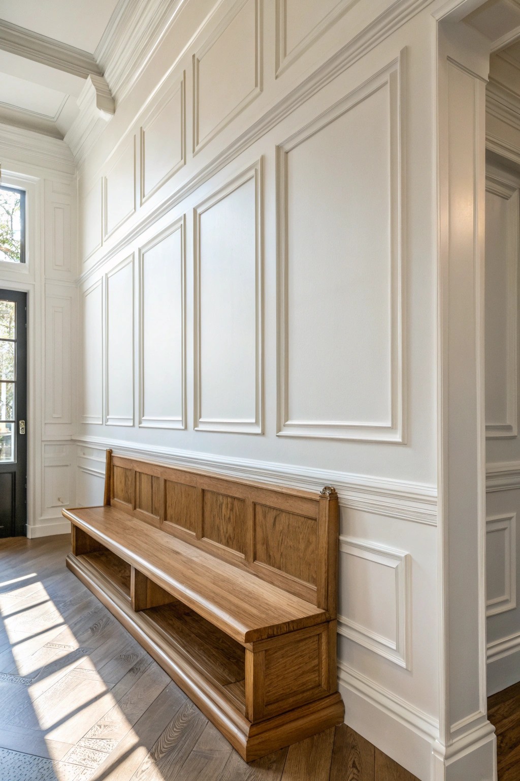 Elevate your entryway with timeless molding details and natural wood accents.