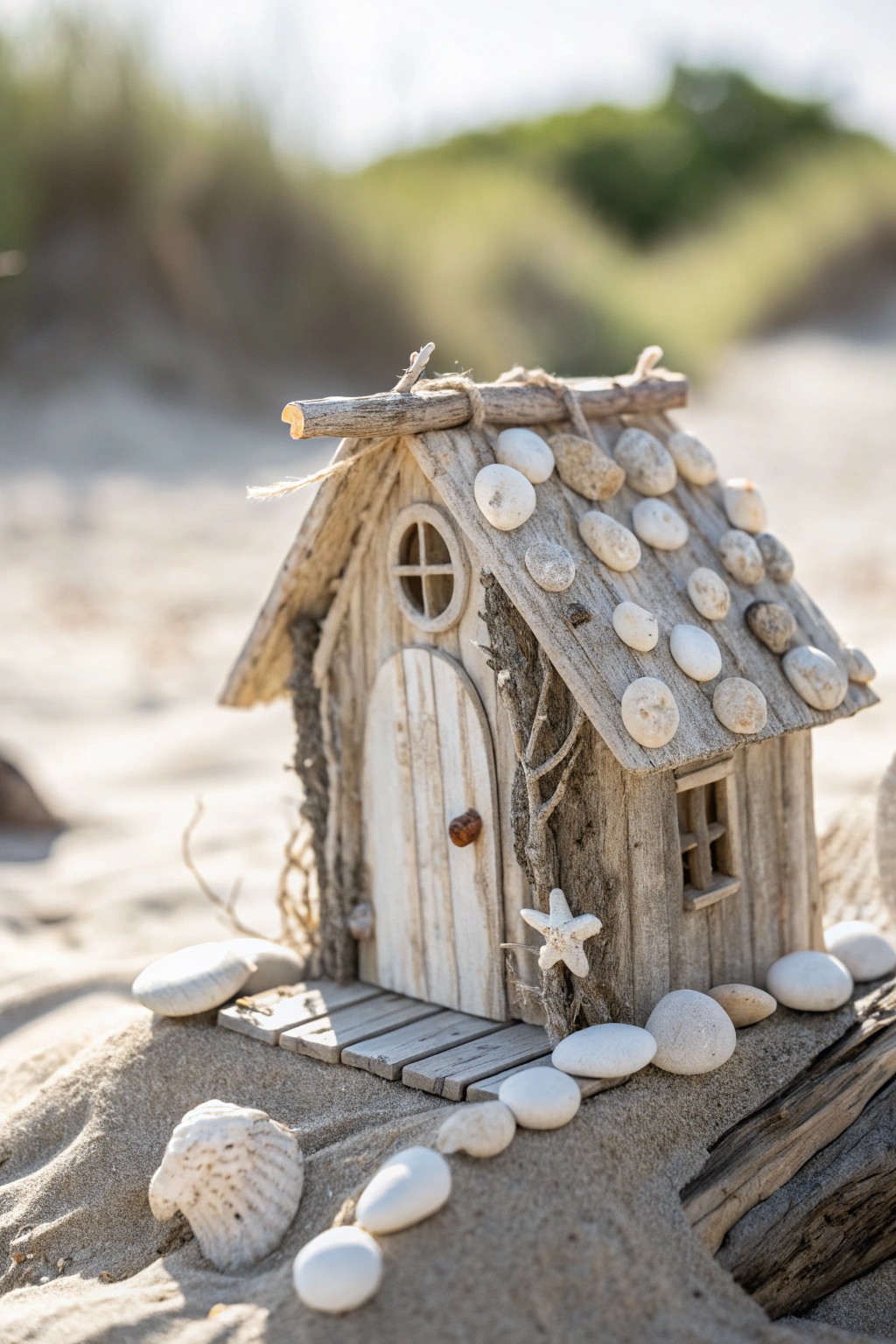 Coastal charm: a driftwood and shell fairy cottage for your garden dreams.