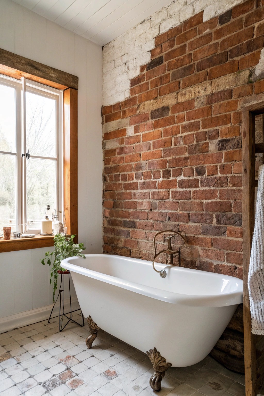 Celebrate rustic elegance with a striking exposed brick accent in your farmhouse bathroom.
