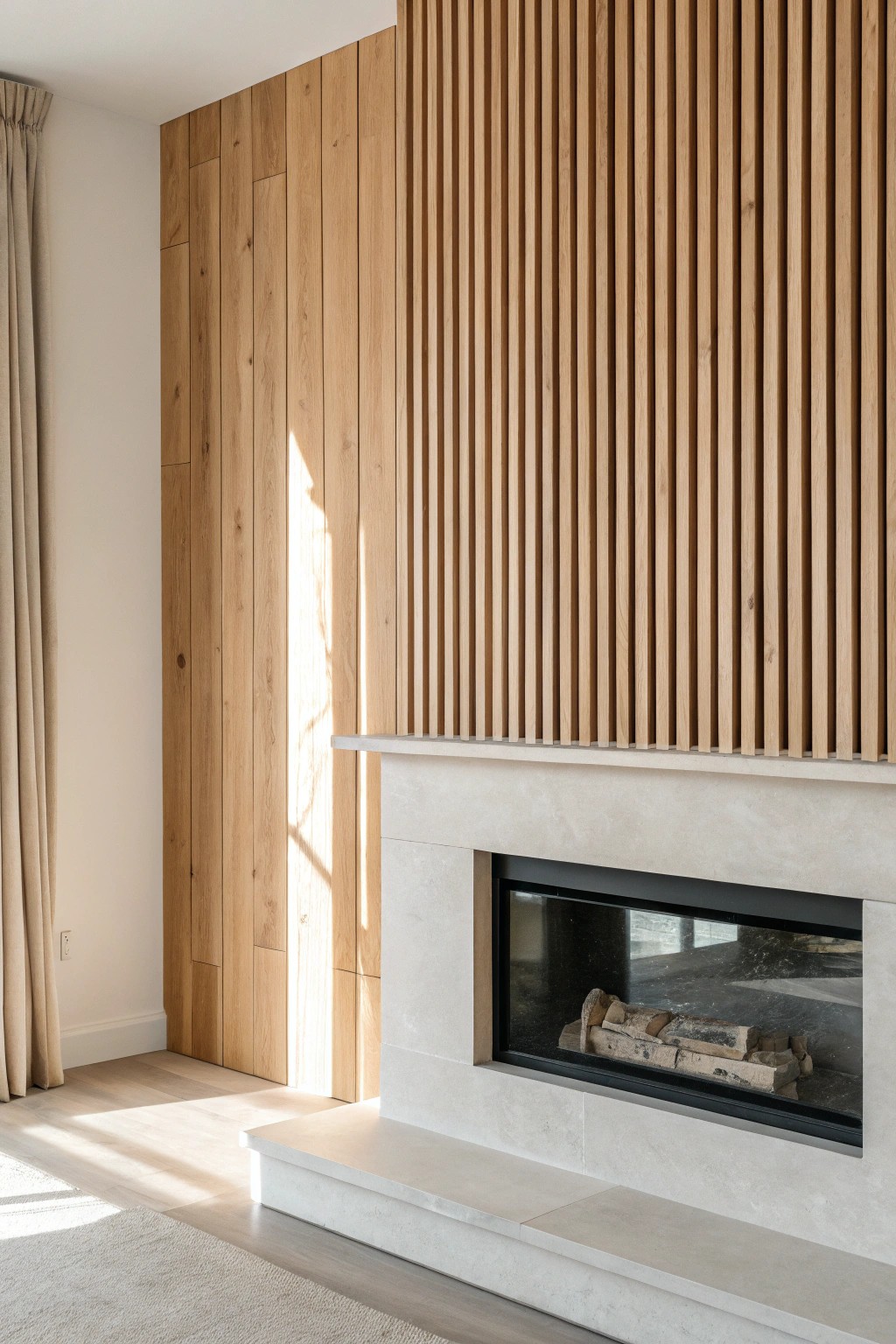 Elevate your fireplace with a stunning natural wood slat wall—simplicity meets organic beauty.