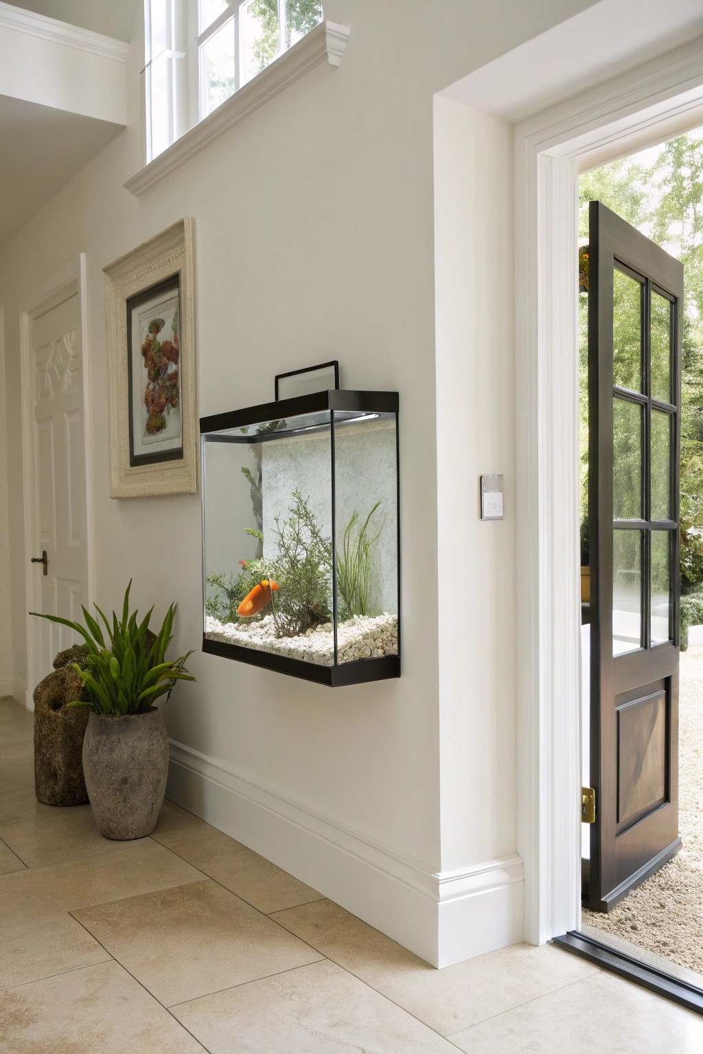 A seamless wall-mounted aquarium brings modern artistry and serene natural beauty to your home entryway.