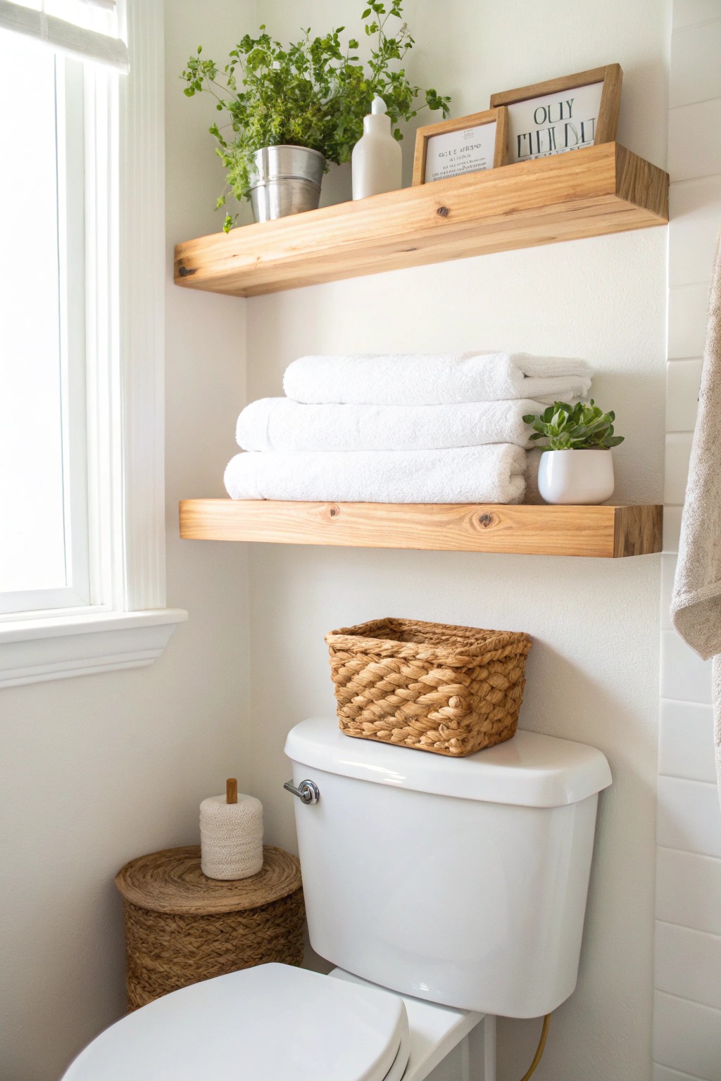 Elevate your bathroom with a beautifully simple floating shelf—style meets function above the toilet.