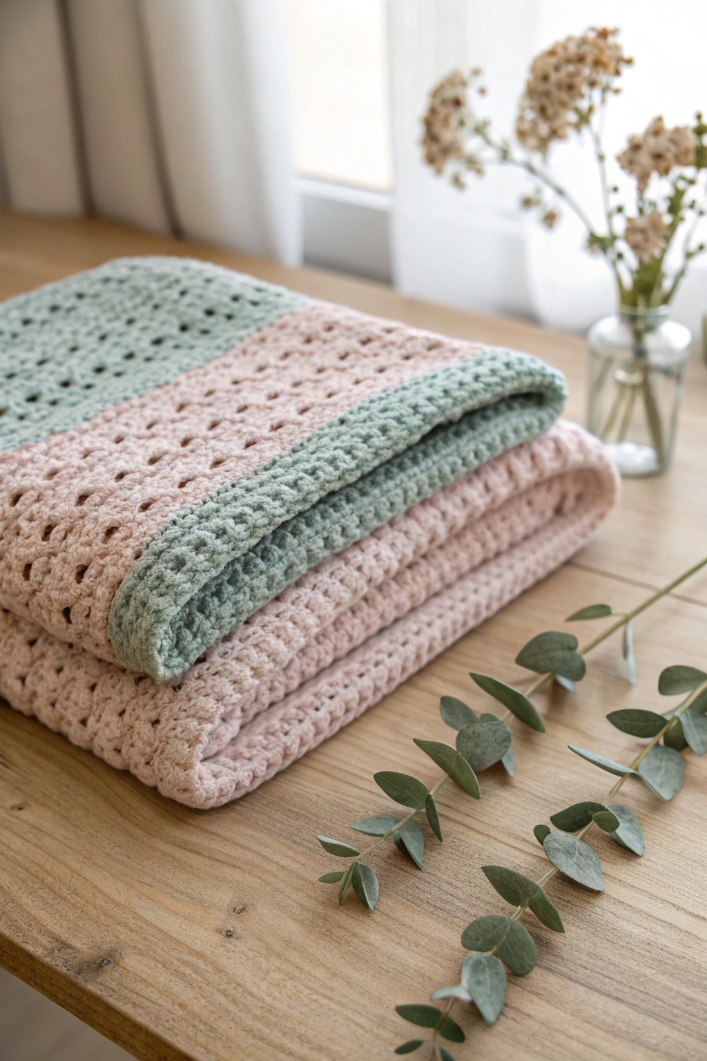Delicate iris stitch brings timeless beauty to this handcrafted baby blanket.
