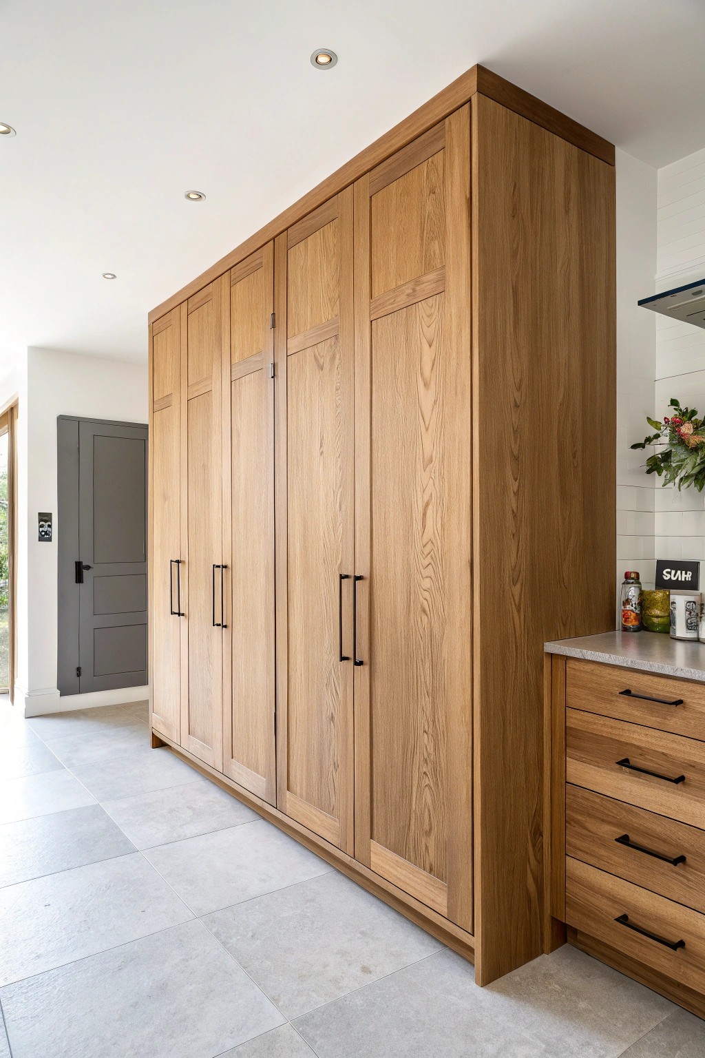 Elevate your galley kitchen with floor-to-ceiling storage—where style meets seamless organization.