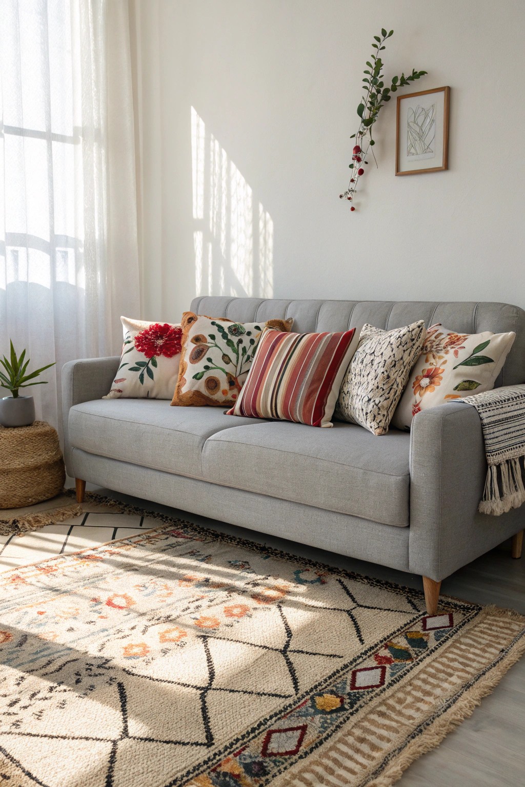 Effortlessly elevate your grey couch with bold, patterned pillows and handcrafted rugs.