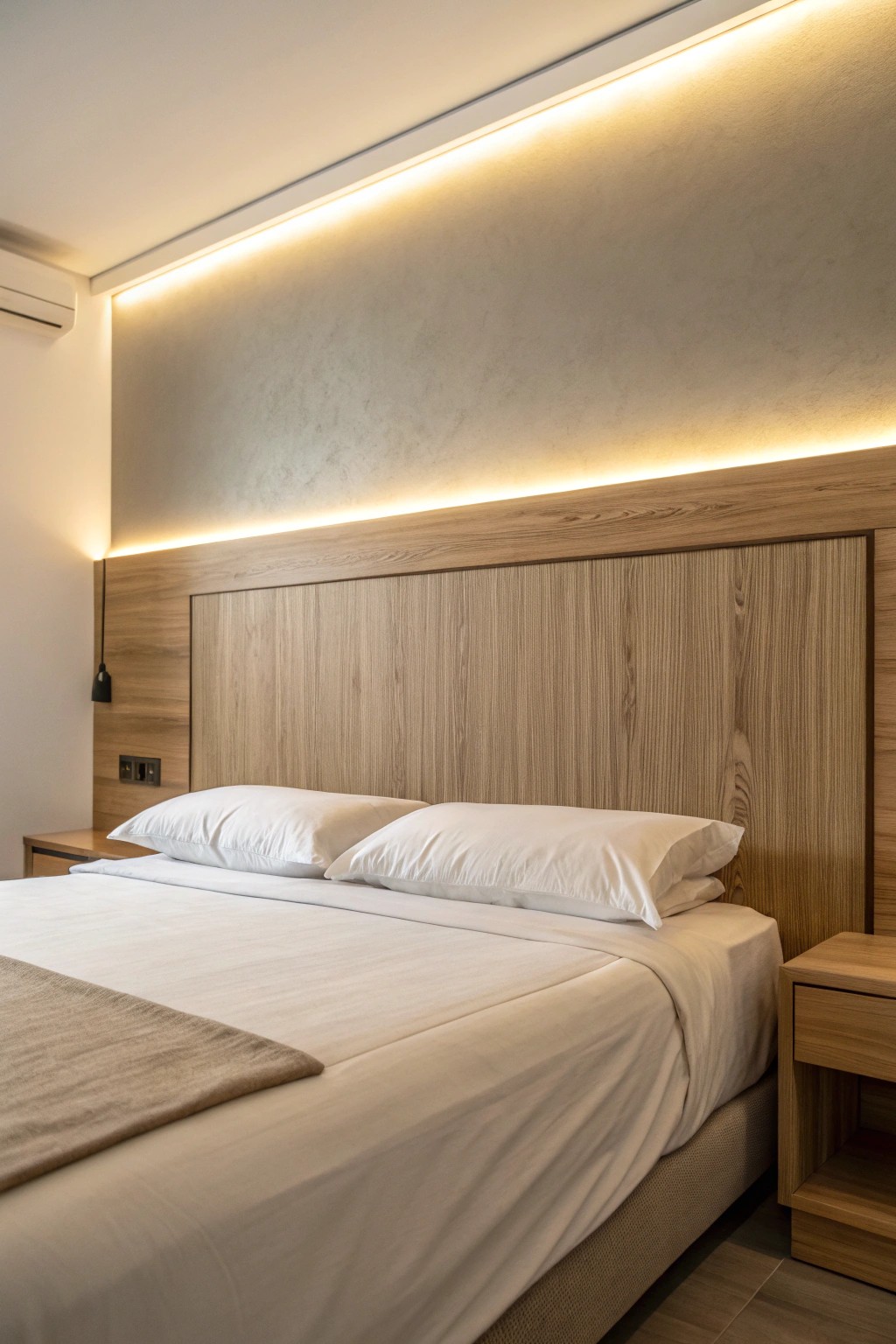 Elevate your bedroom with a handcrafted headboard featuring integrated LED lighting for a serene, modern glow.