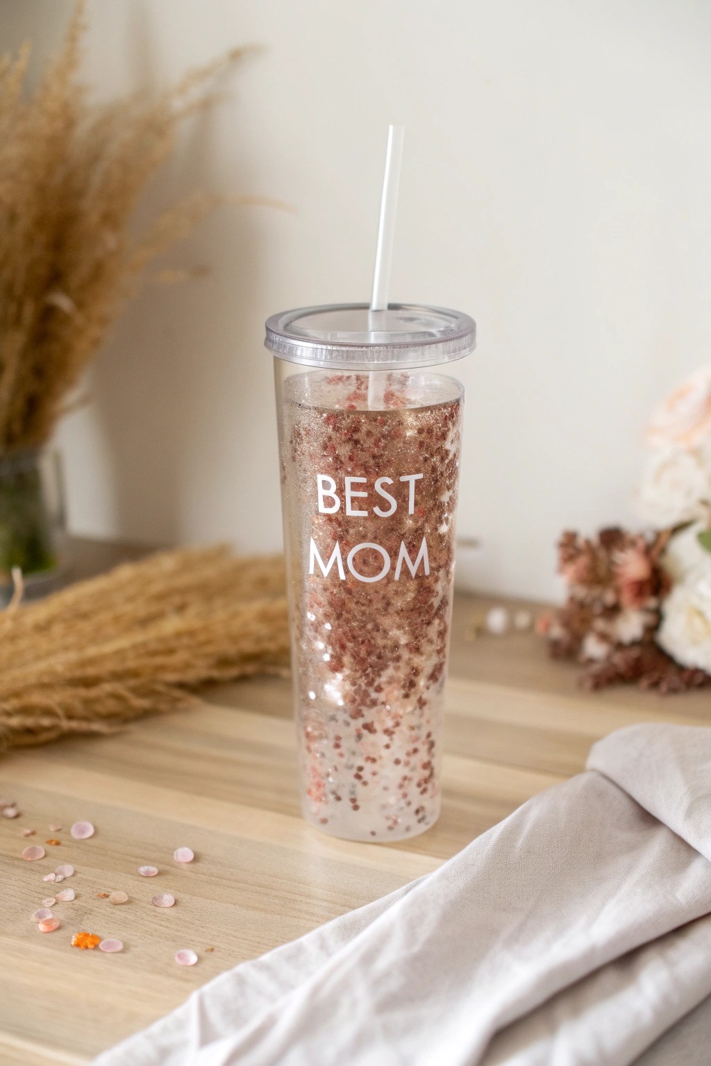 Sparkle and sip—a handmade glitter tumbler makes every mom’s day shine brighter.