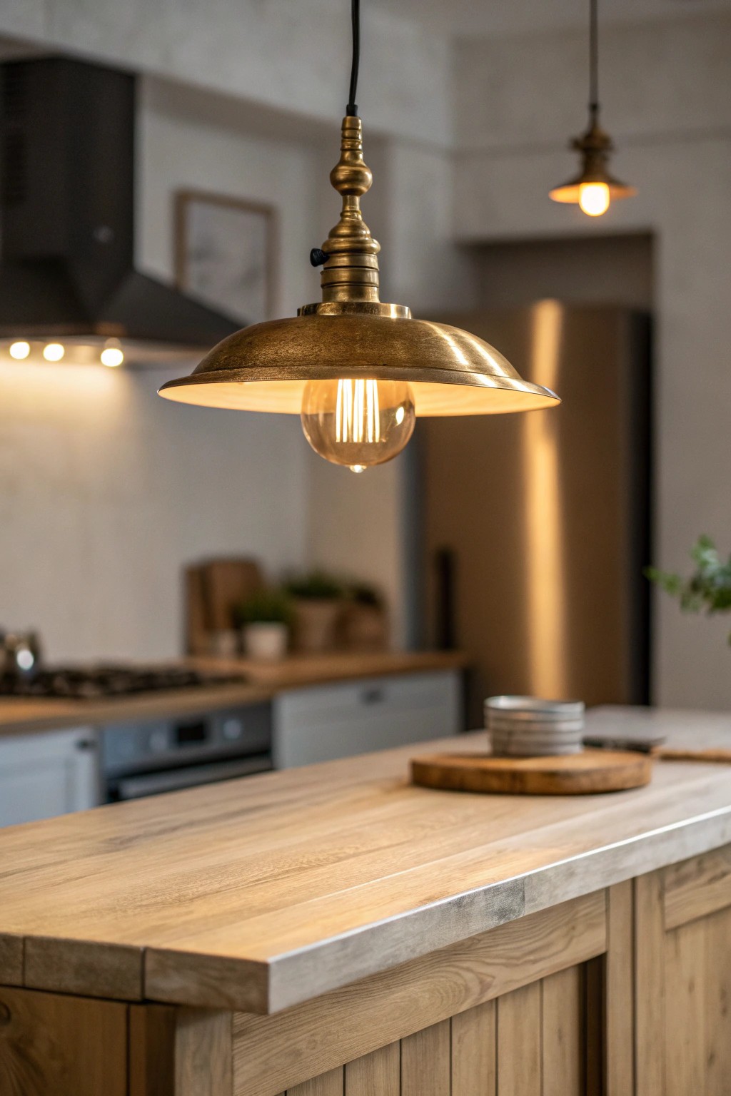 Set the mood with a beautifully dimmable pendant—craftsmanship meets cozy kitchen vibes.