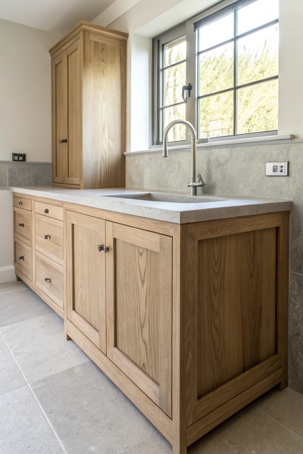 Effortless style meets practicality with a handcrafted utility sink cabinet.