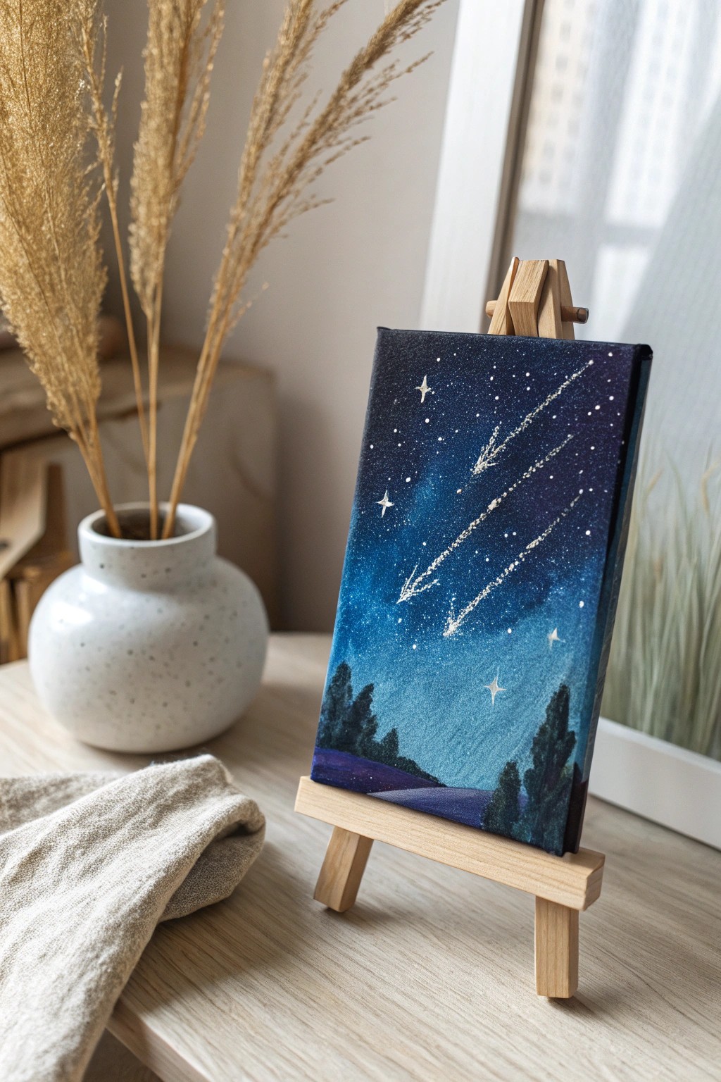 Bring a touch of magic to your space with a handcrafted mini night sky canvas and its cascade of shooting stars.