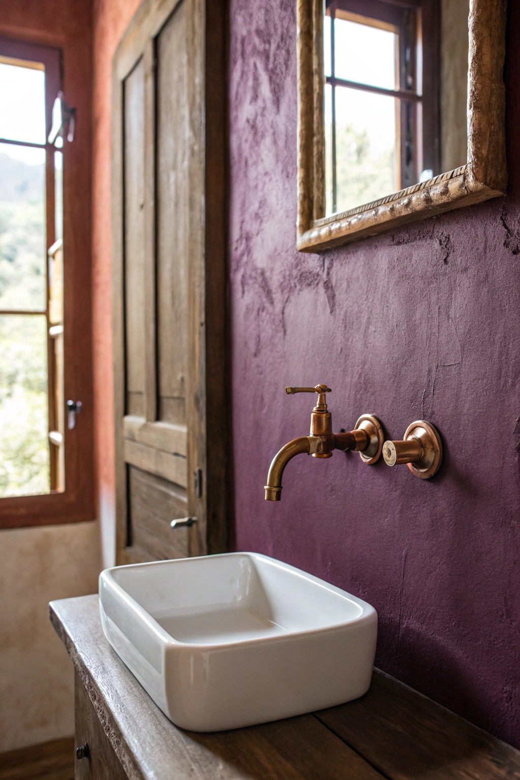 Unexpected elegance: a moody aubergine wall paired with brushed copper for bold, artisanal bath style.