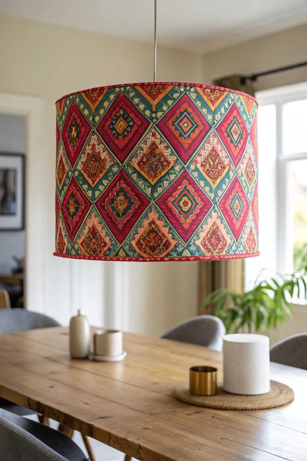 Brighten your dining space with a handcrafted, colorful drum shade.