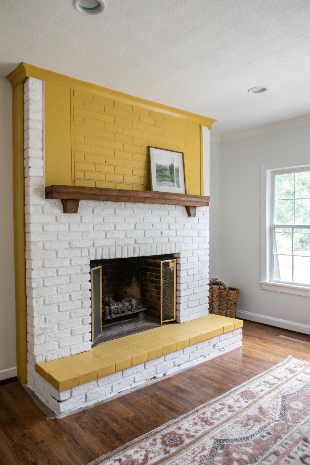 Make a modern statement with a bold color-blocked brick fireplace.