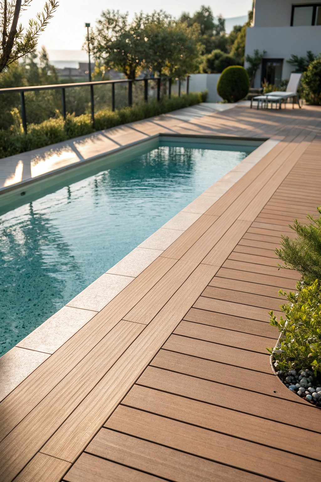 Elevate your poolside with warm, low-maintenance decking for timeless natural beauty.