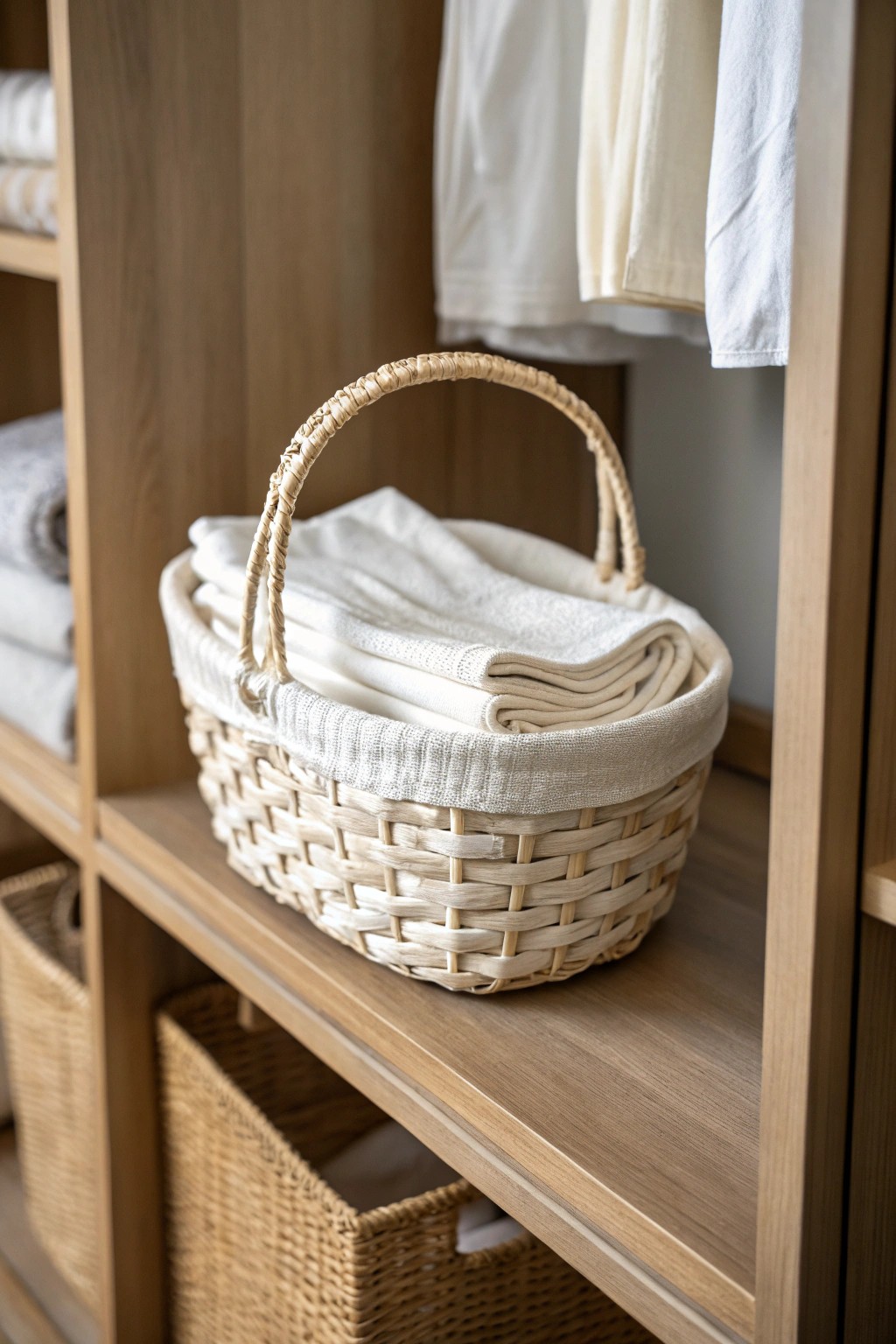 Effortless linen storage: a soft basket keeps spare sheets beautifully organized.