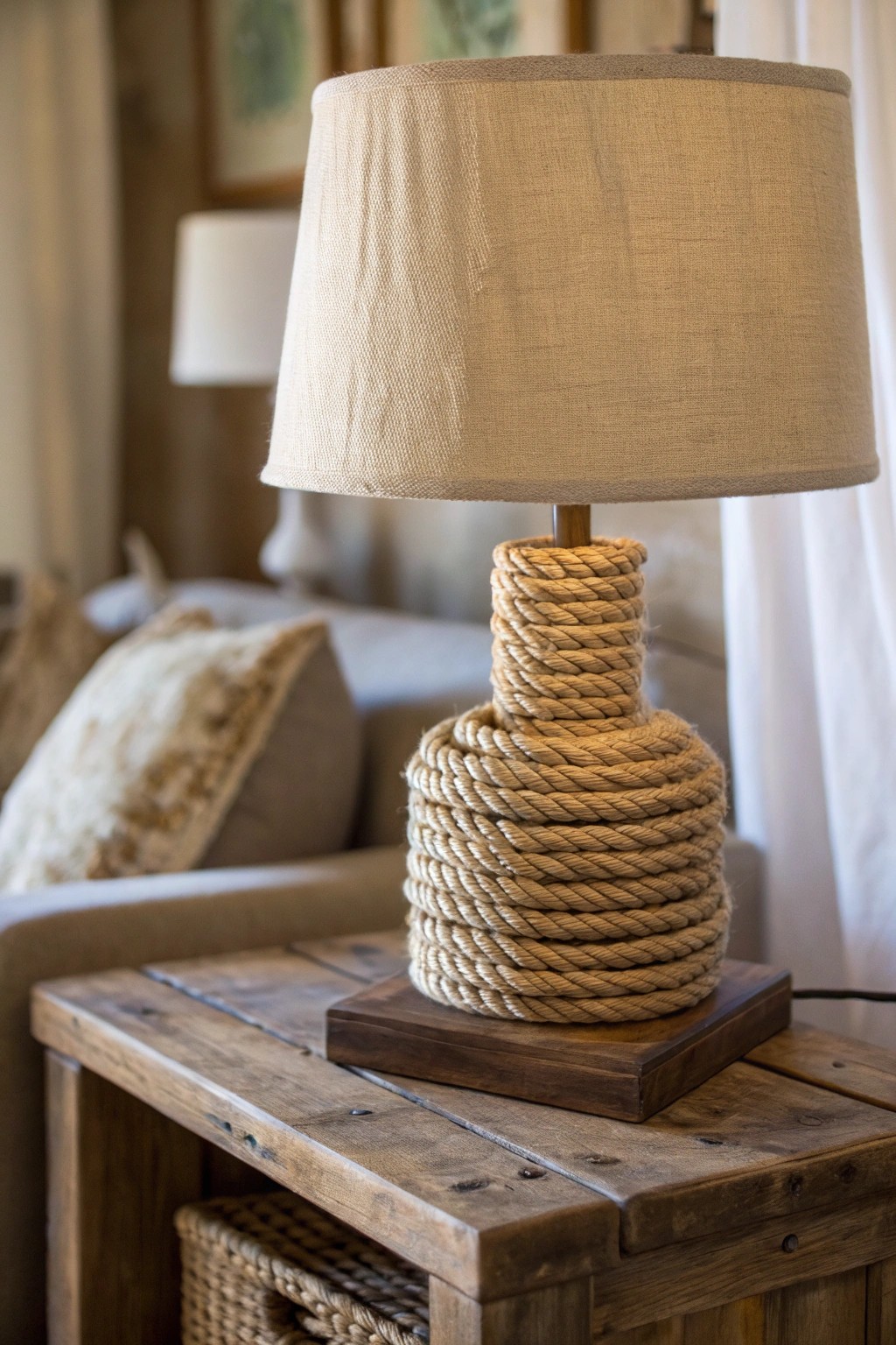 Elevate your space with a beautifully crafted rope-wrapped lamp—simple, rustic charm at its finest.