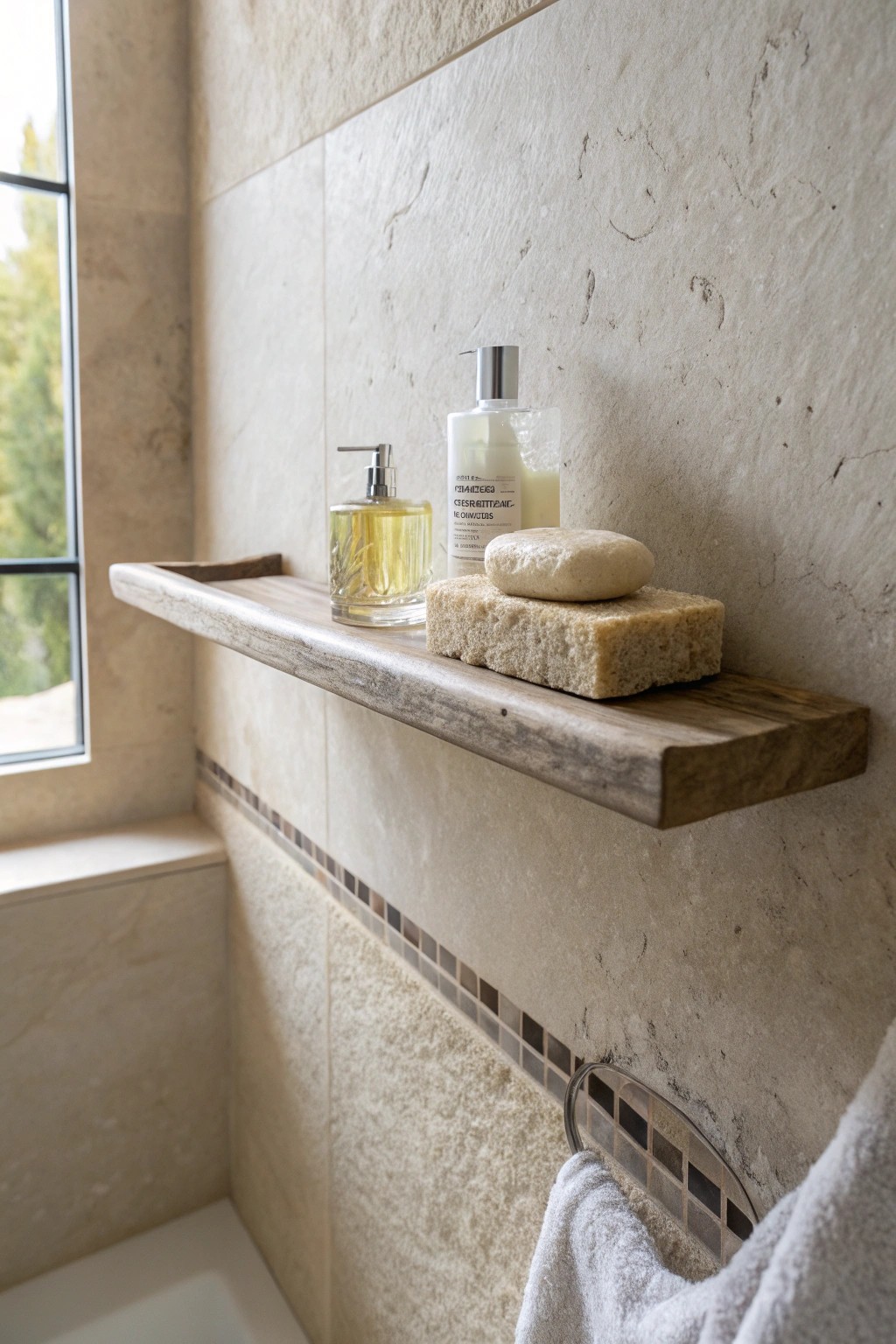 Elevate your shower with a sleek, natural stone floating shelf—where simplicity meets elegance.
