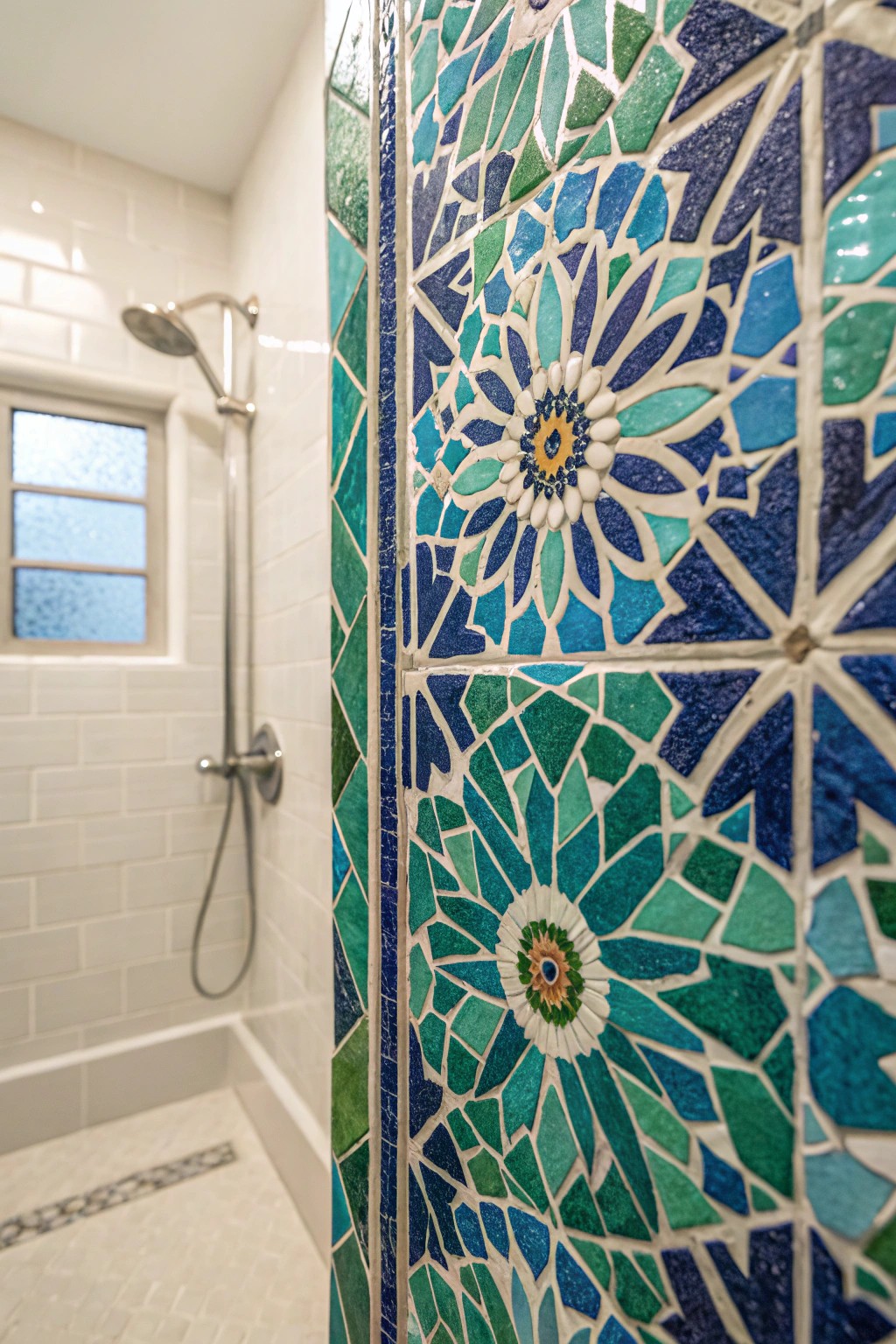 Turn your small shower into a masterpiece with bold mosaic tile patterns.