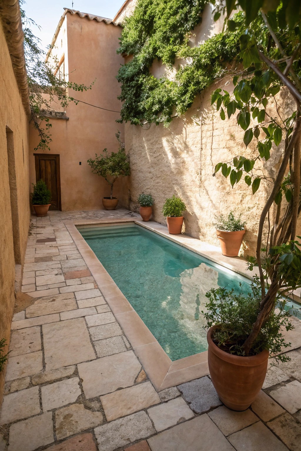 A serene courtyard plunge pool—pure Mediterranean charm in a petite, sunlit space.