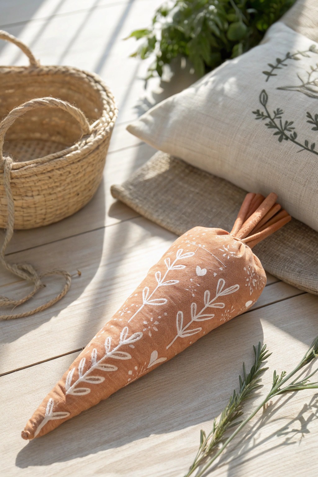 Chic stenciled carrot pillow: a touch of springtime charm for your handmade home.