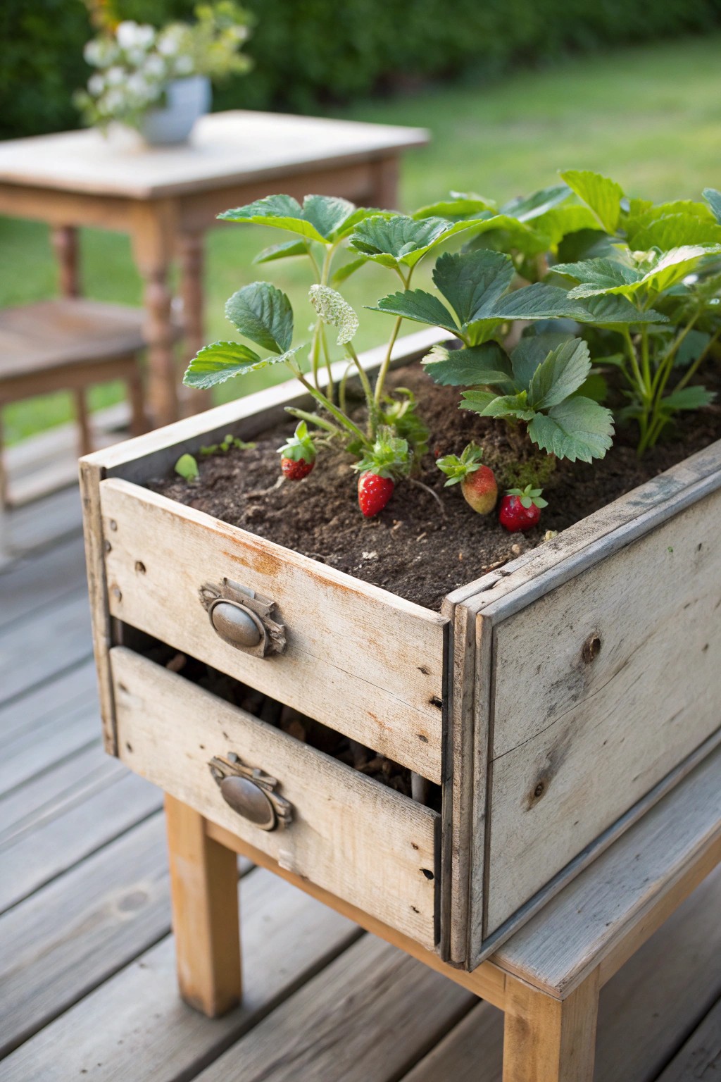 Upcycled charm: A vintage drawer brimming with homegrown strawberries.